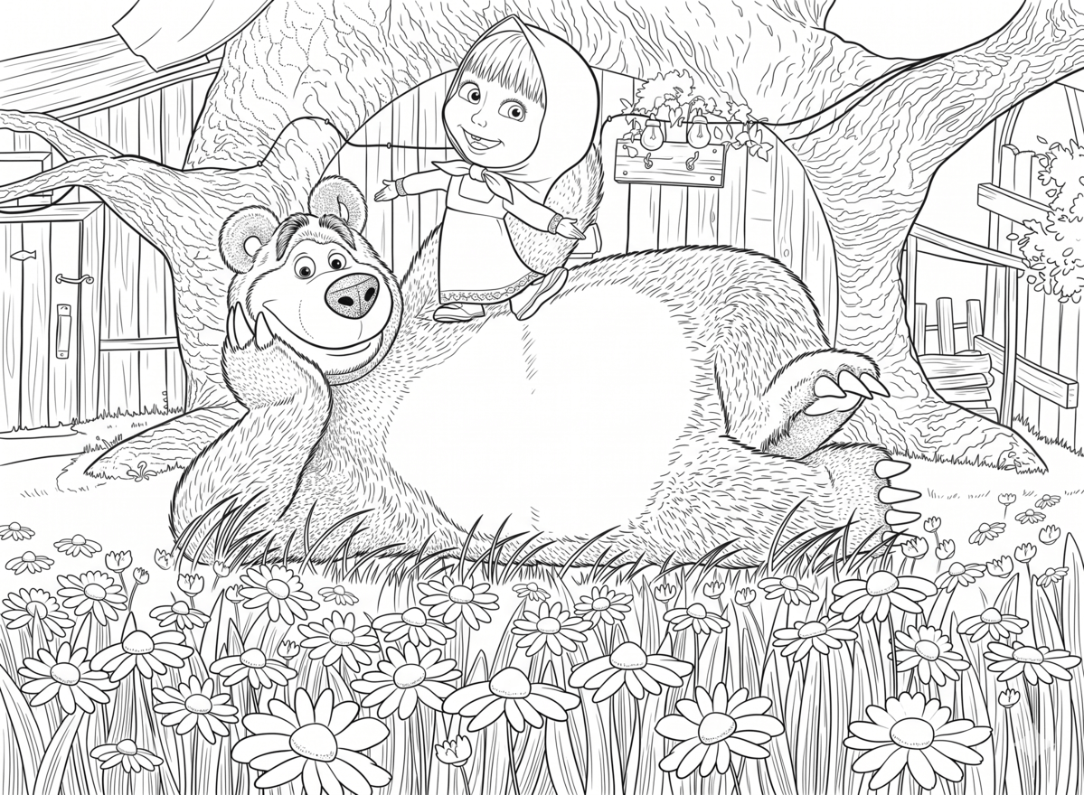 Masha e o urso quintal florido para colorir para colorir