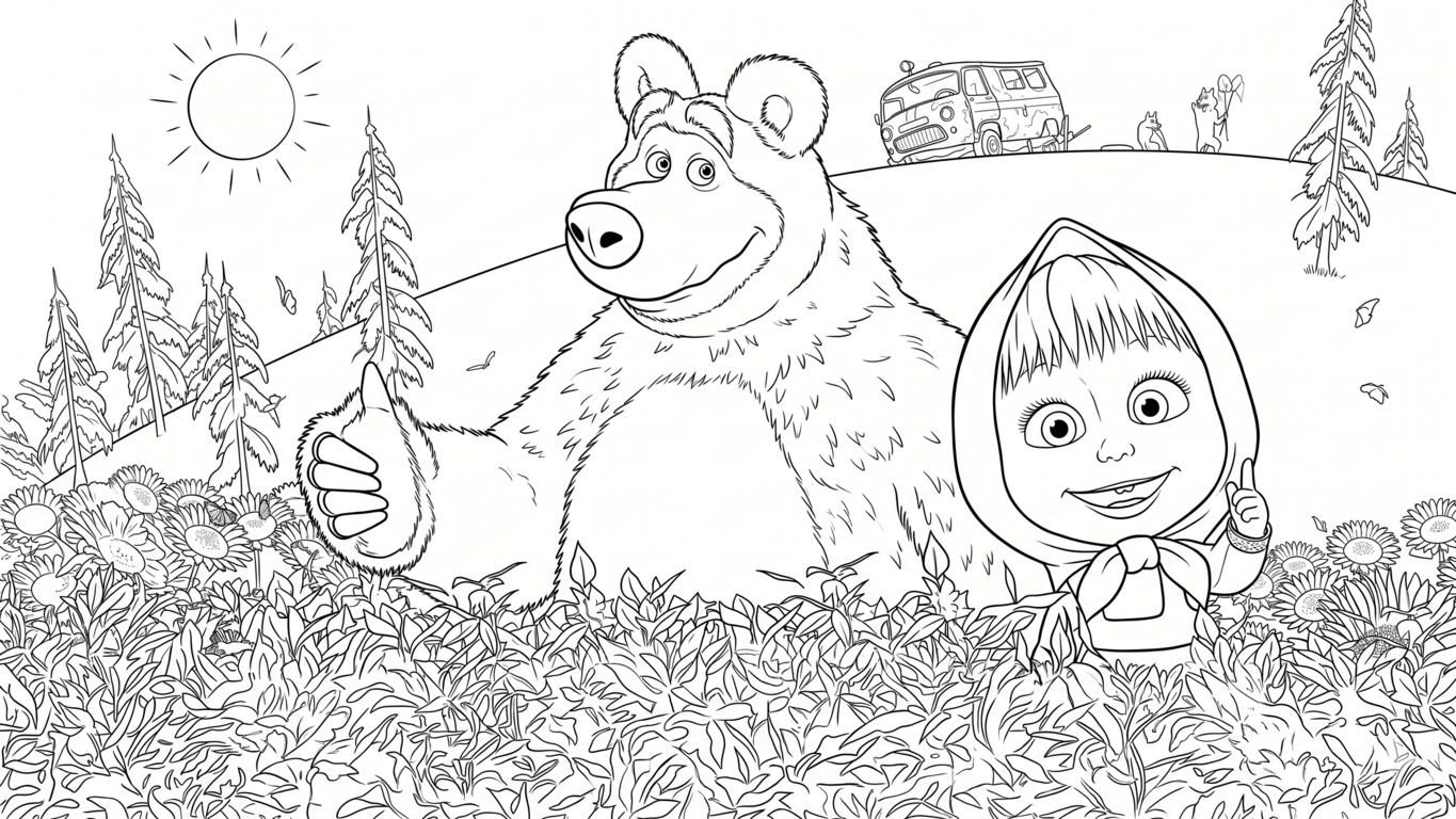 Masha e urso no quintal para colorir para colorir