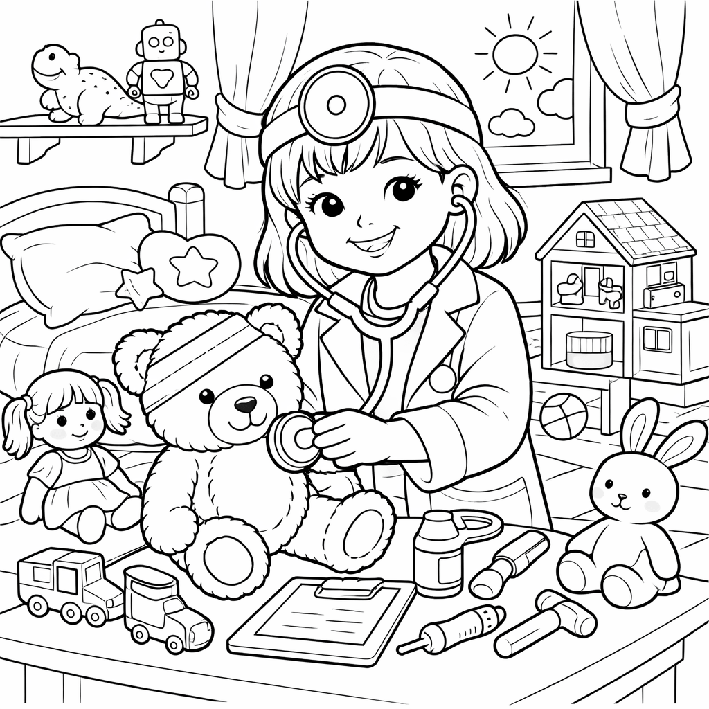 Medica crianca cuidando de ursos para colorir para colorir