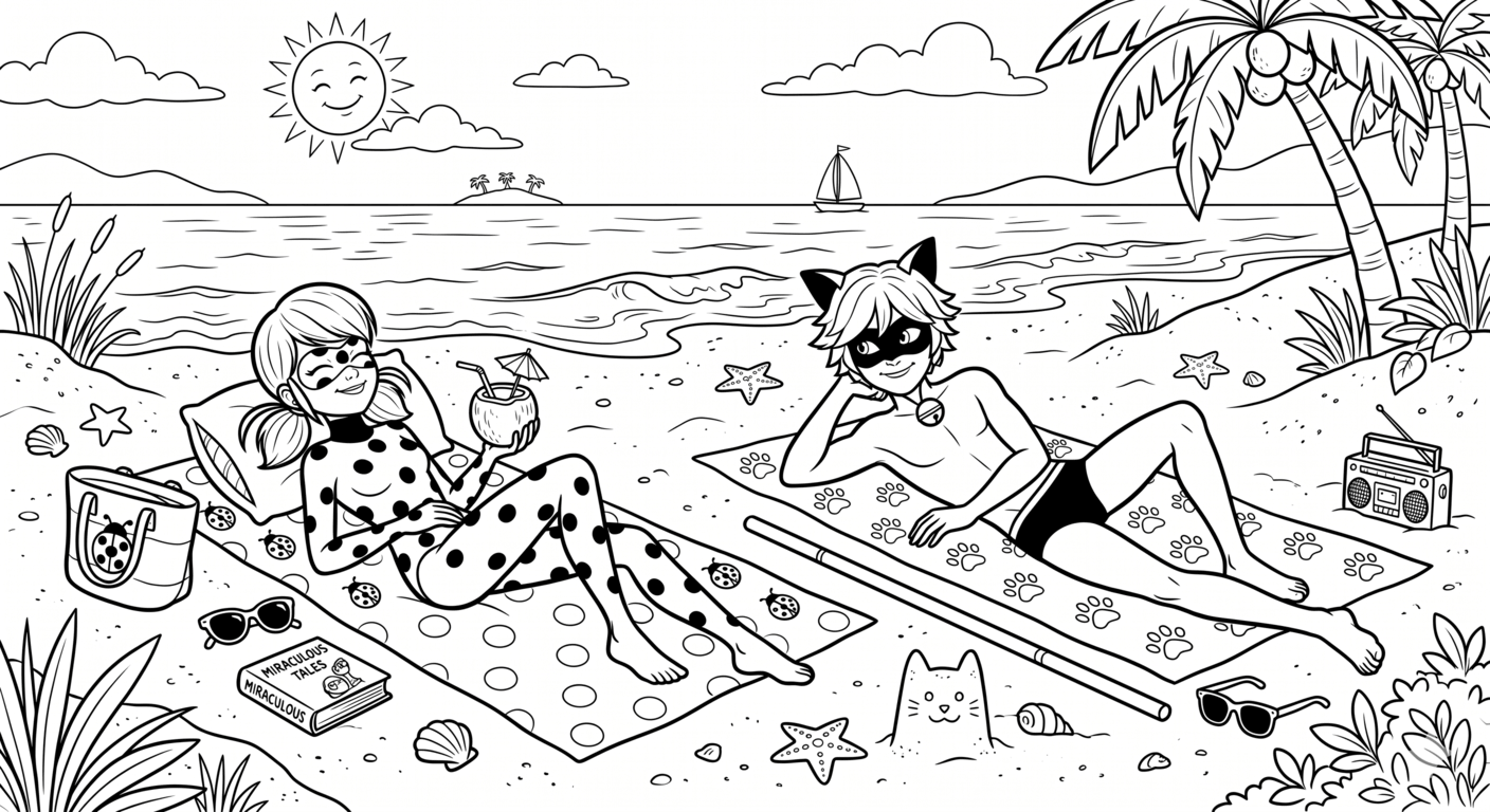 Ladybug e cat noir praia para colorir para colorir