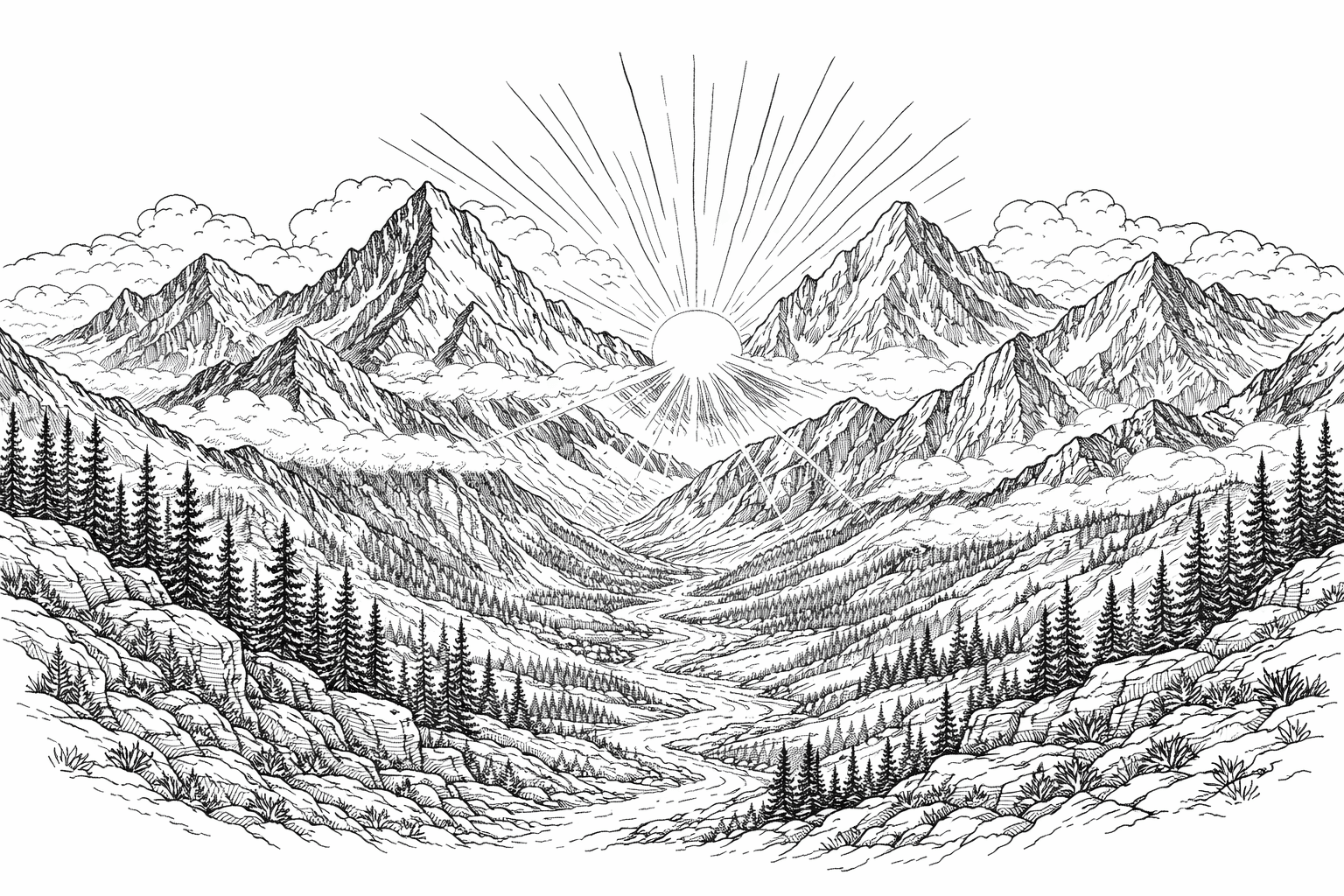 Montanha nascer do sol para colorir para colorir