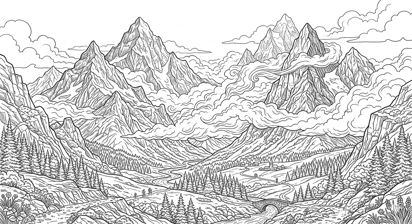 Montanhas nuvens para colorir para colorir