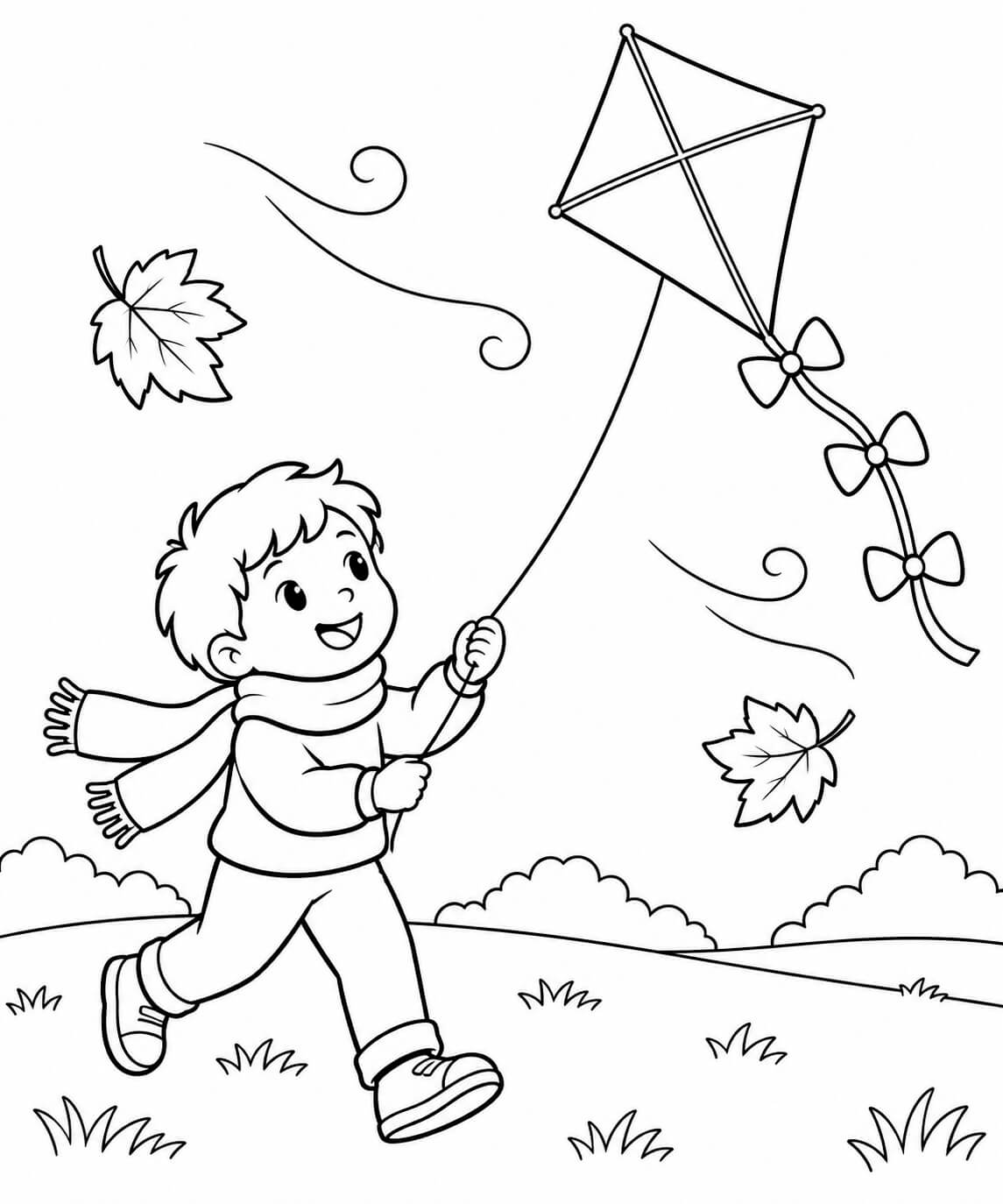Crianca soltando pipa no outono para colorir para colorir