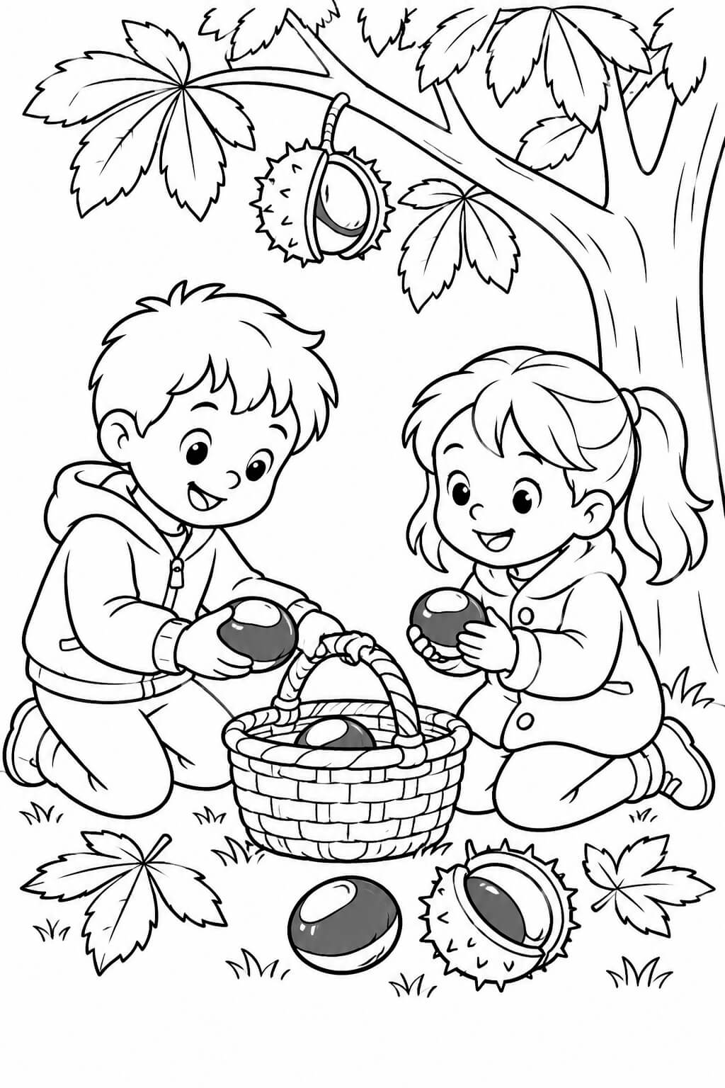 Criancas recolhendo castanhas para colorir para colorir
