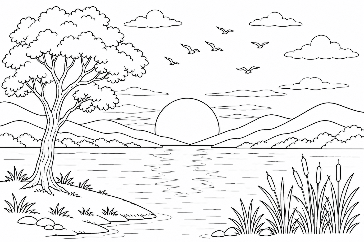 Paisagem do por do sol para colorir para colorir