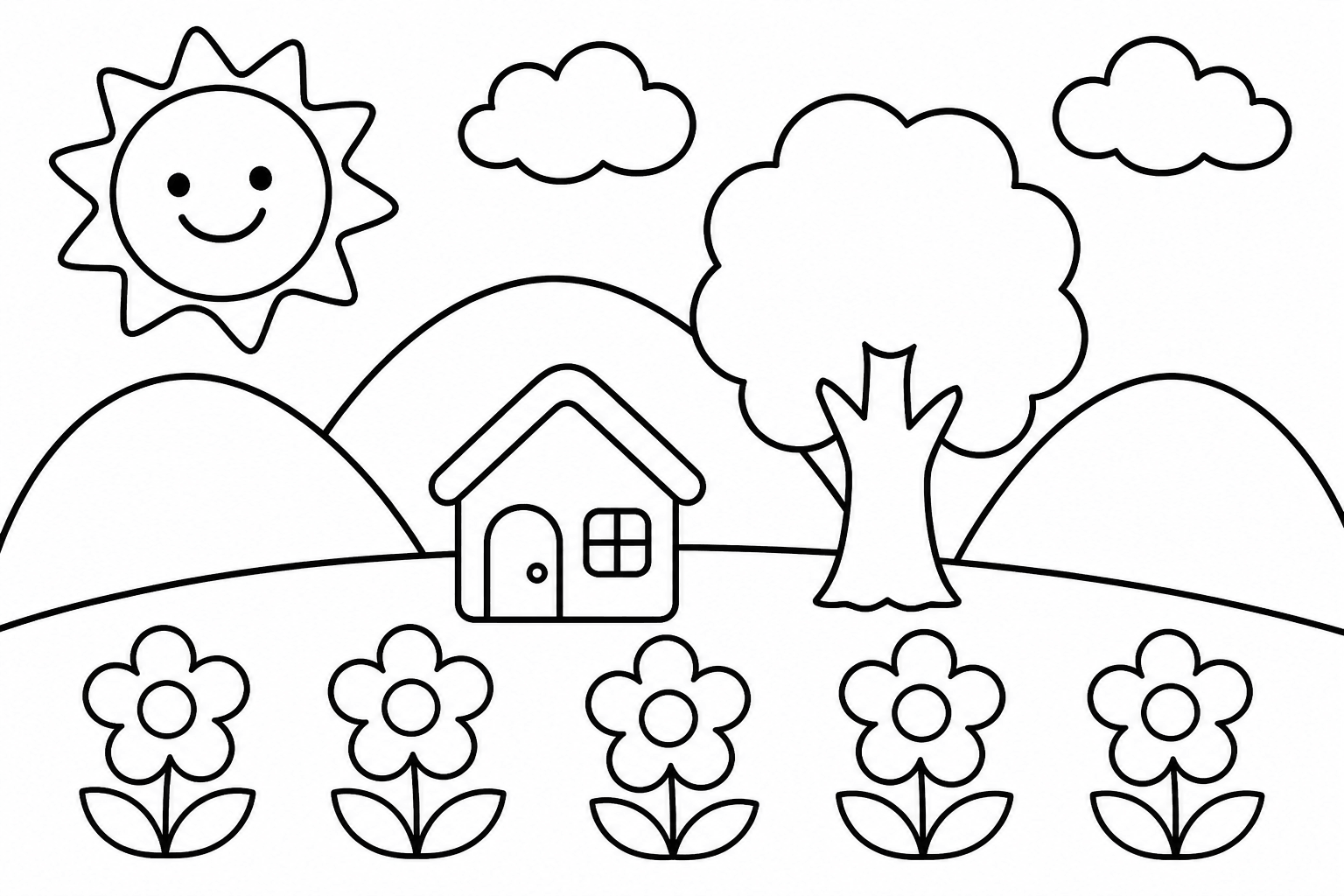 Paisagem infantil com sol para colorir para colorir