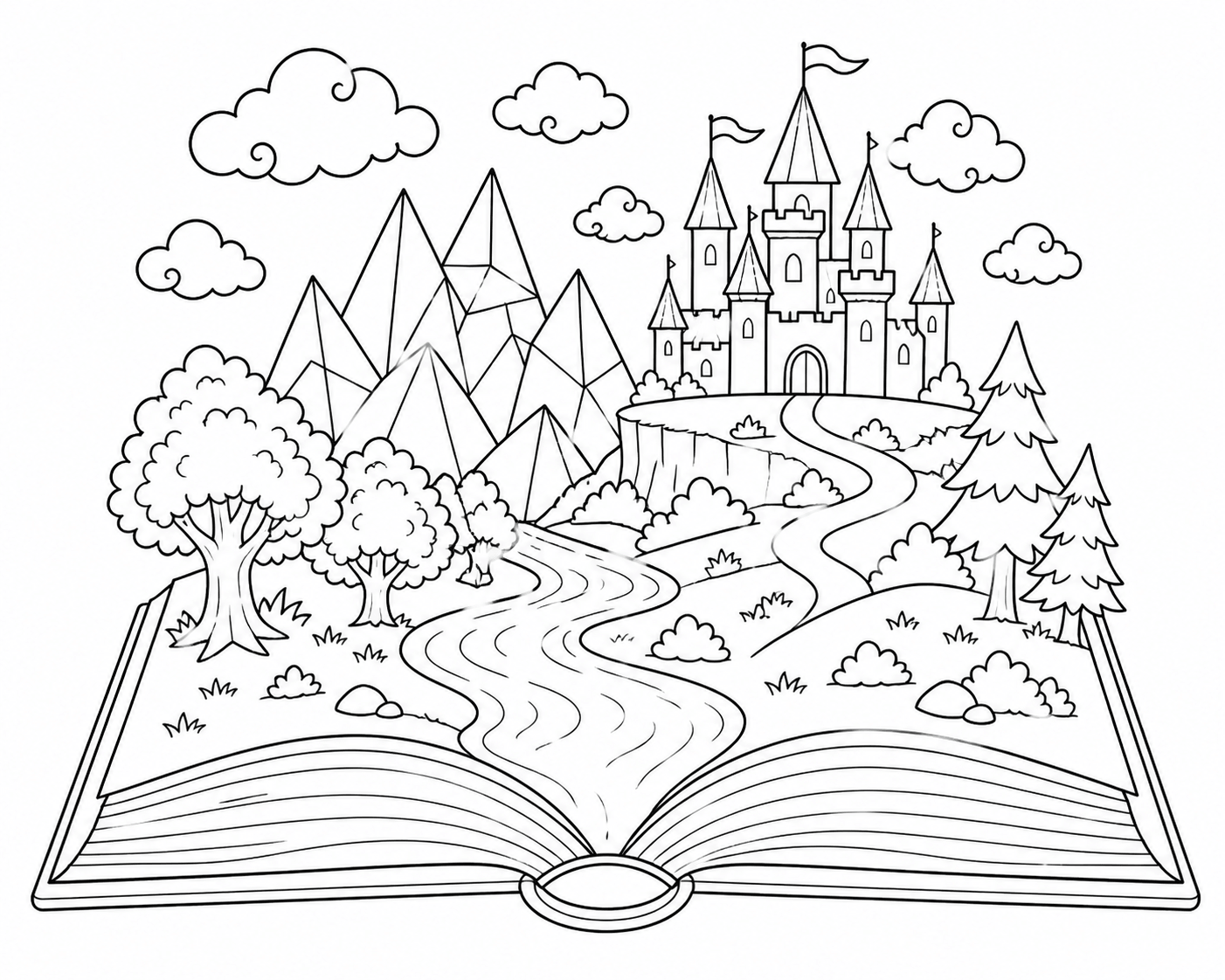Paisagem no livro aberto para colorir para colorir
