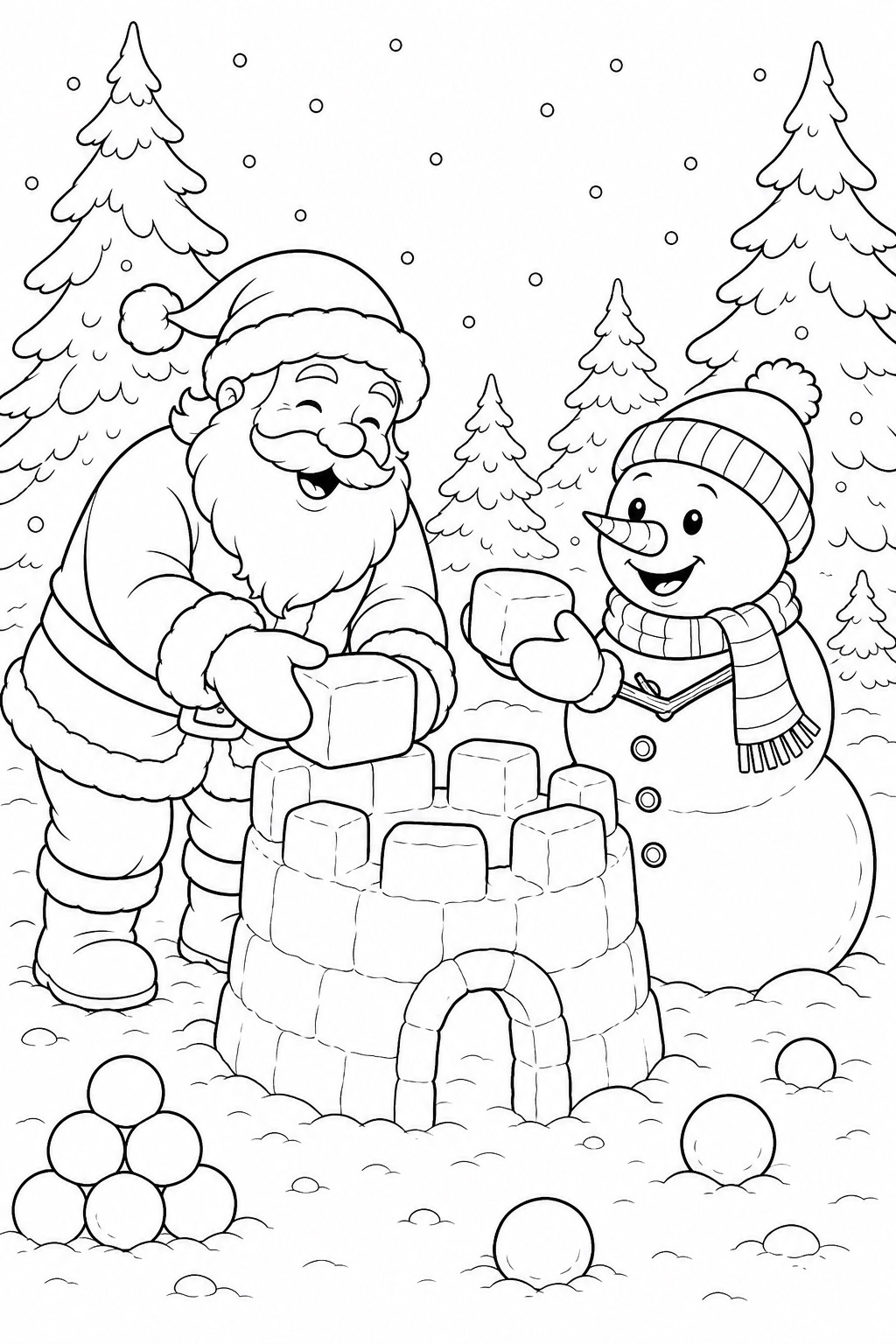 Papai noel e boneco de neve construindo castelo para colorir para colorir