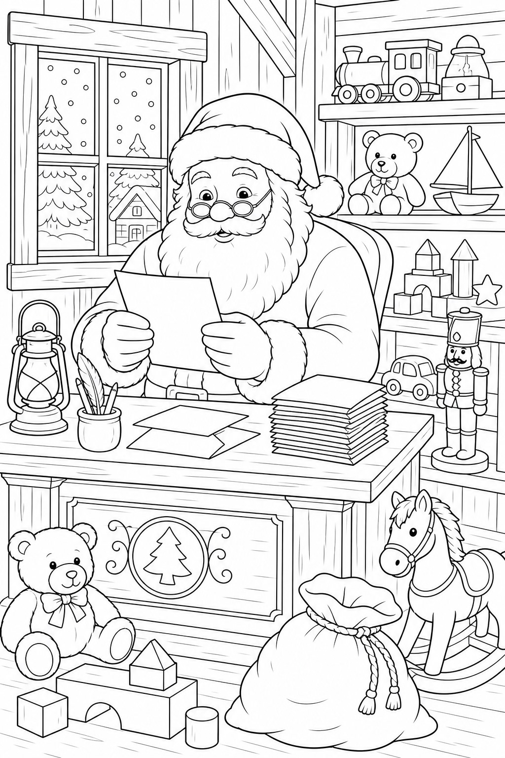 Papai noel lendo cartas de natal para colorir para colorir