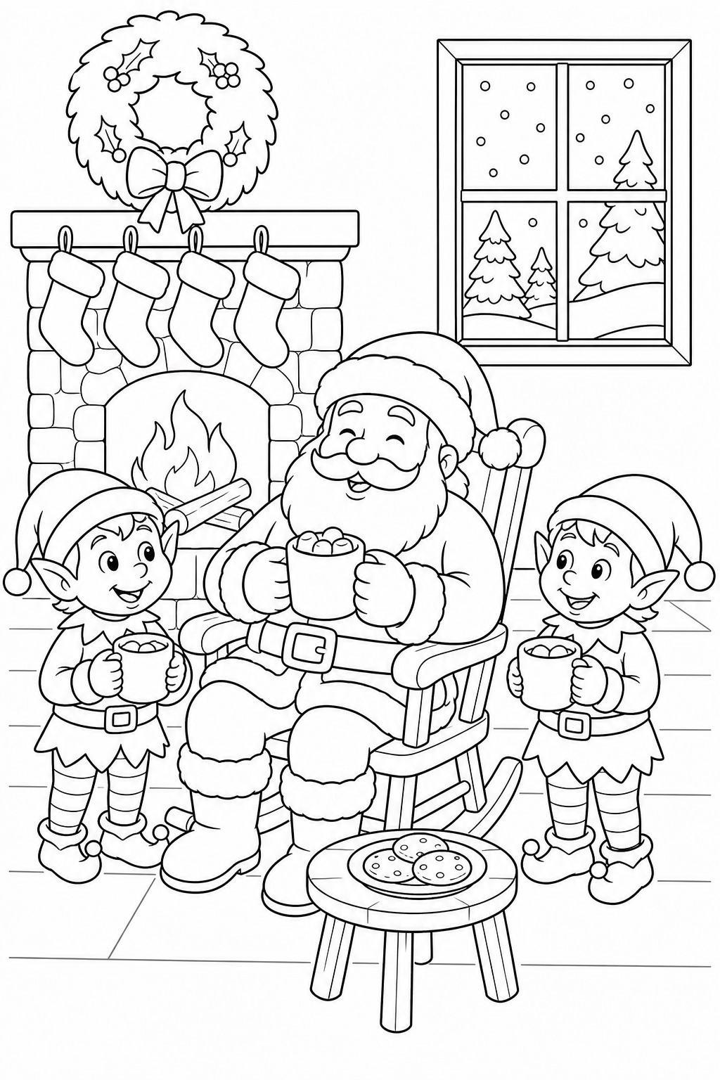 Papai noel tomando cacau com duendes para colorir para colorir