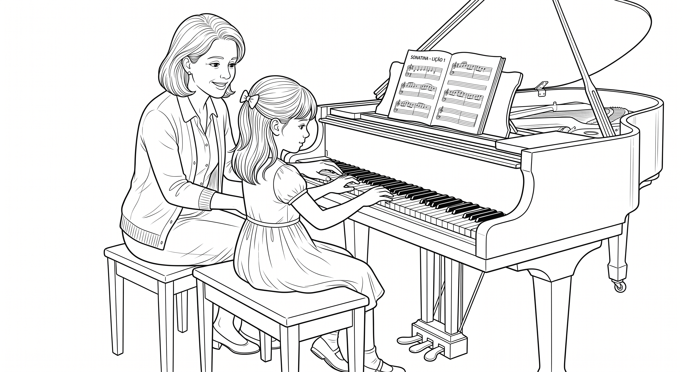 Menina aprendendendo piano para colorir para colorir
