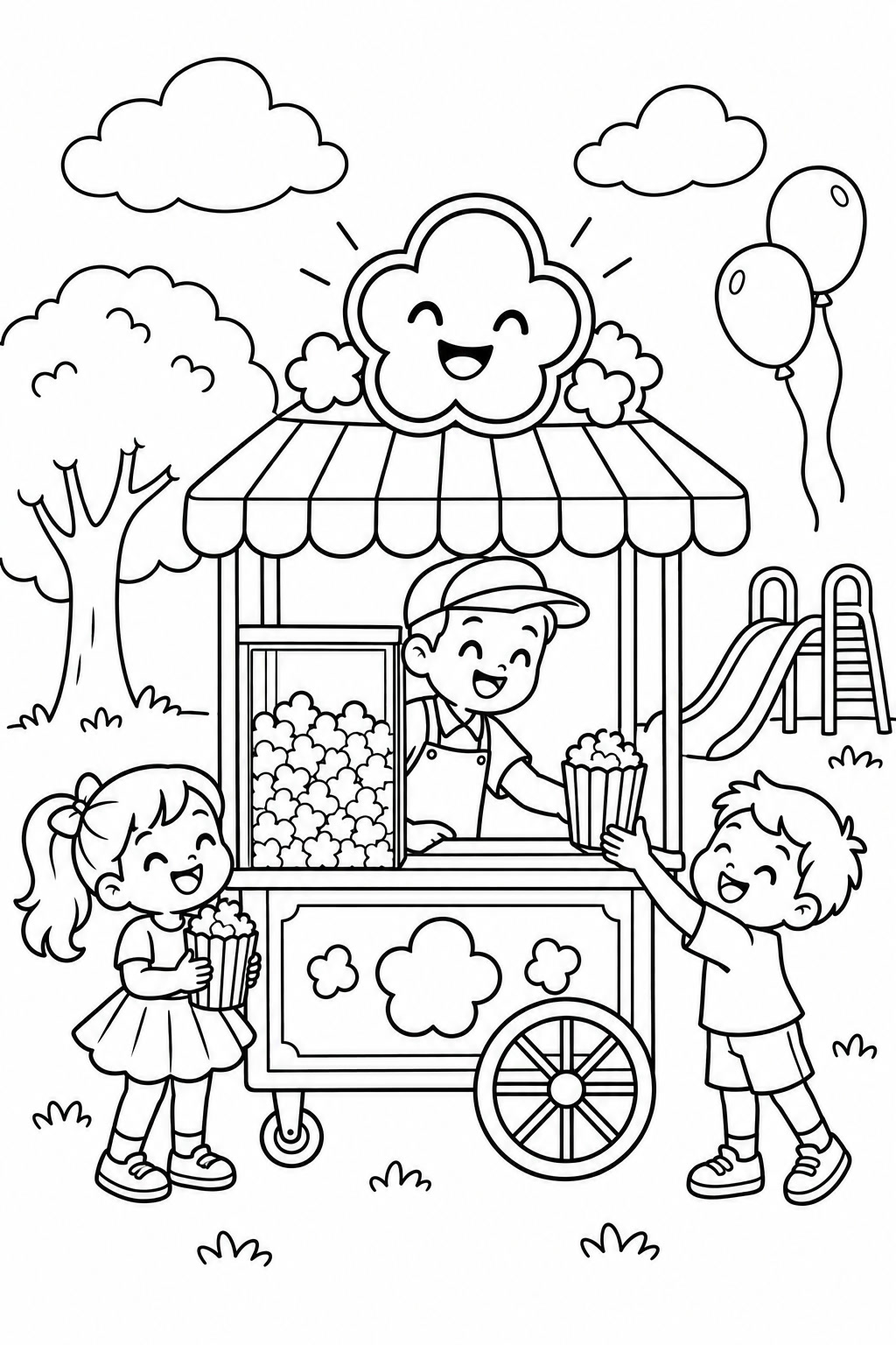 Carrinho de pipoca no parque para colorir para colorir