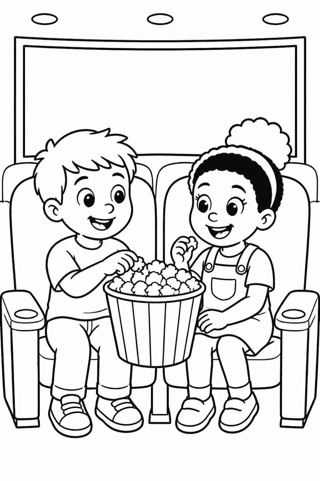 Criancas no cinema com pipoca para colorir para colorir