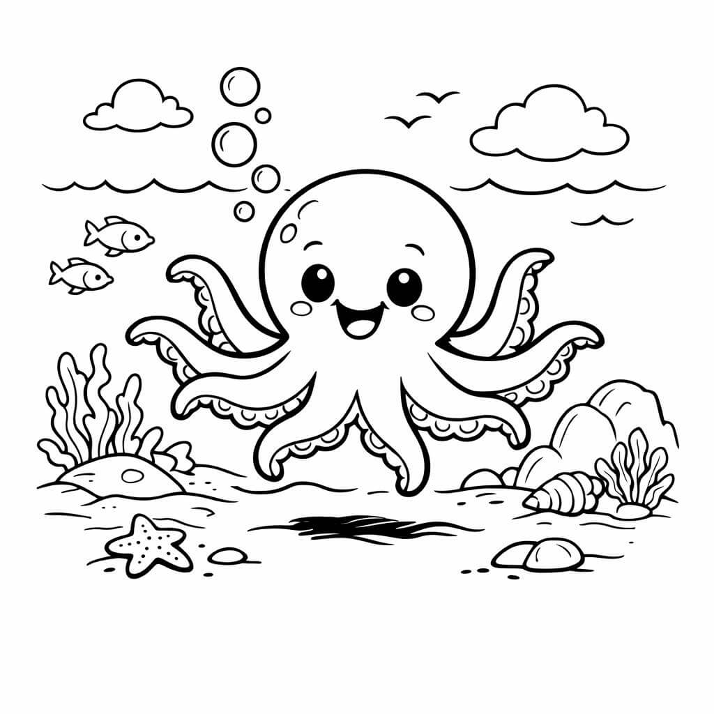 Polvo feliz nadando oceano para colorir para colorir