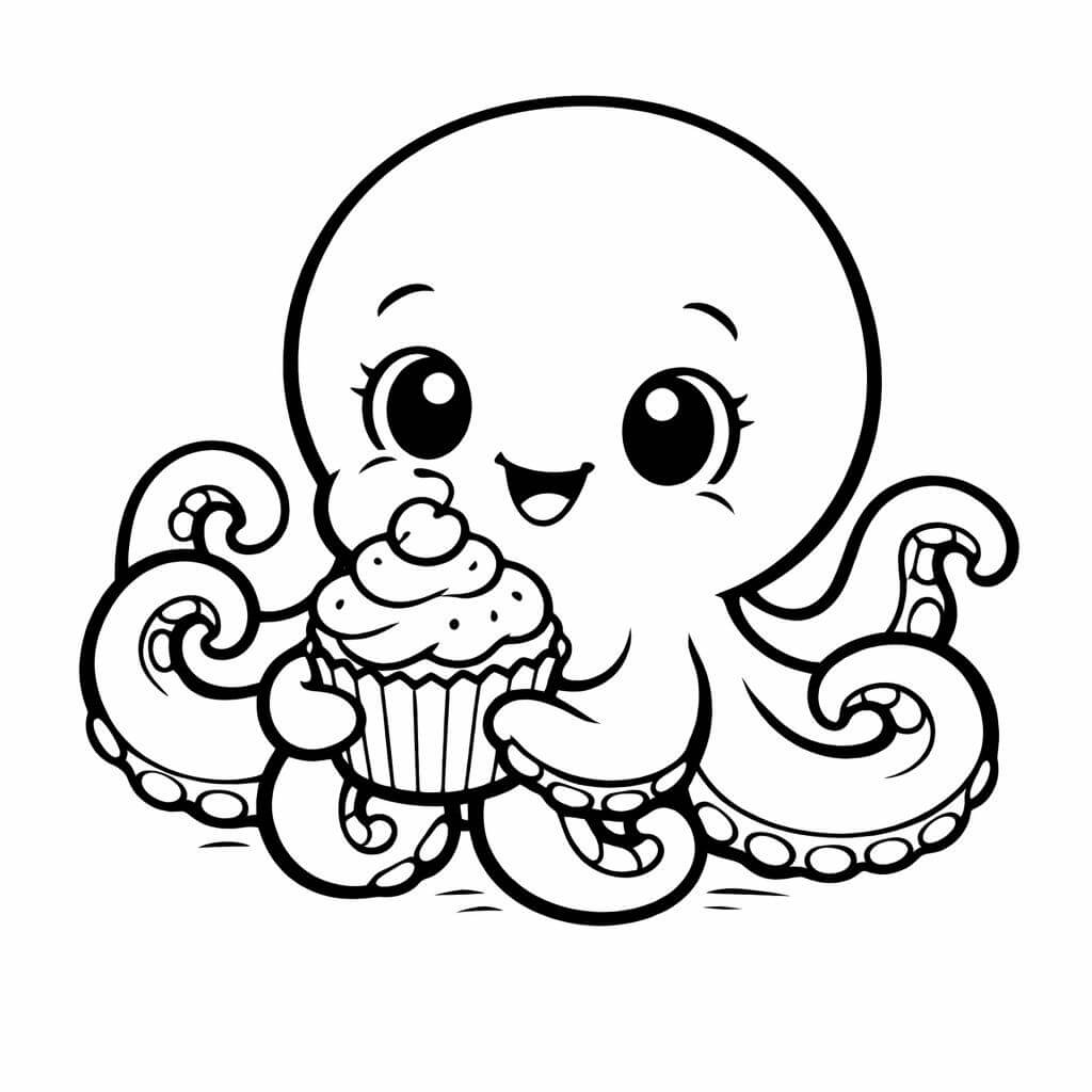 Polvo segurando cupcake para colorir para colorir