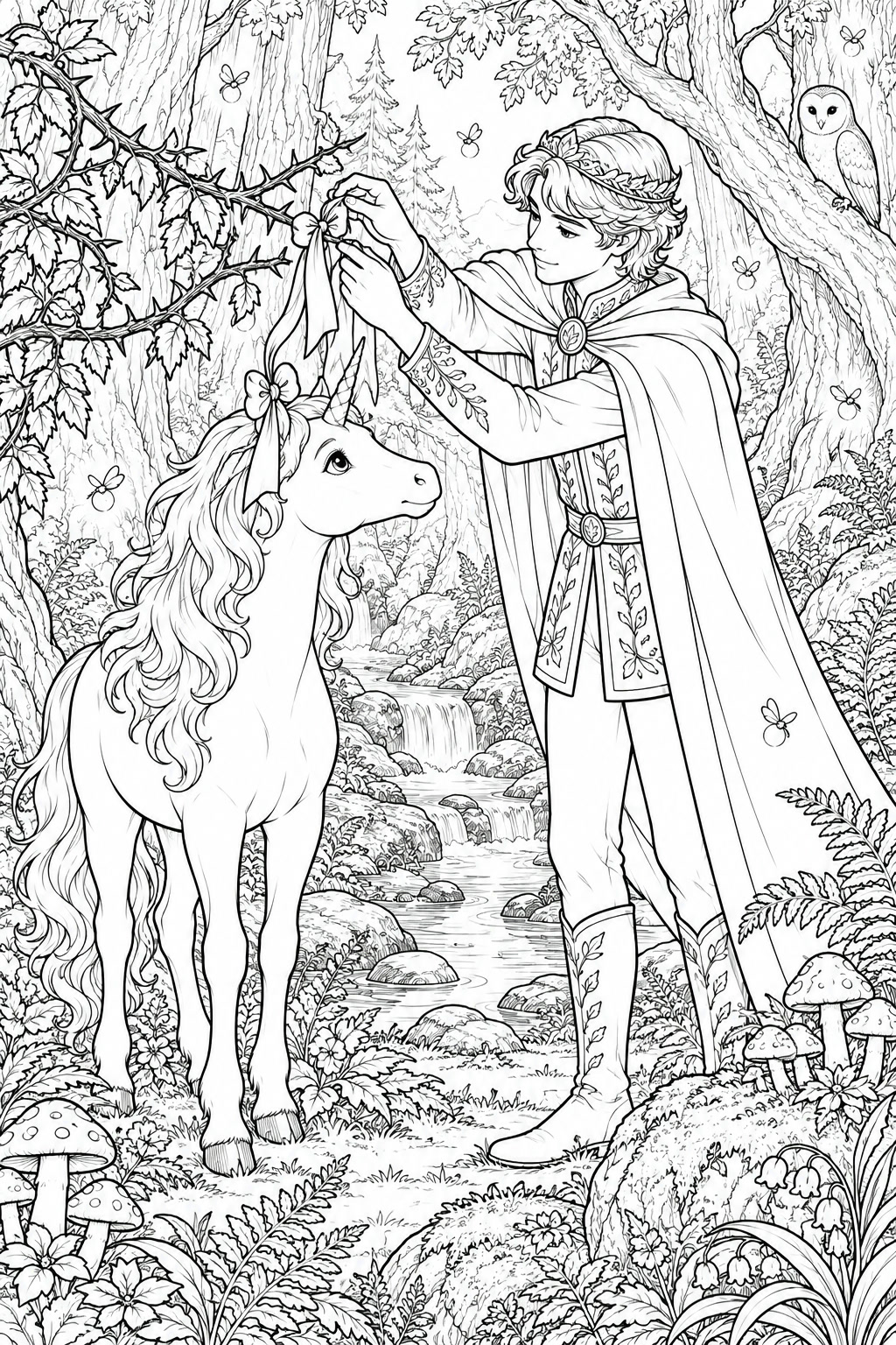 Principe da floresta salvando unicornio para colorir para colorir