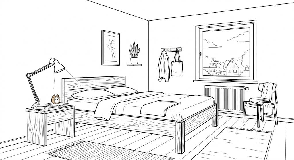 Quarto minimalista para colorir para colorir