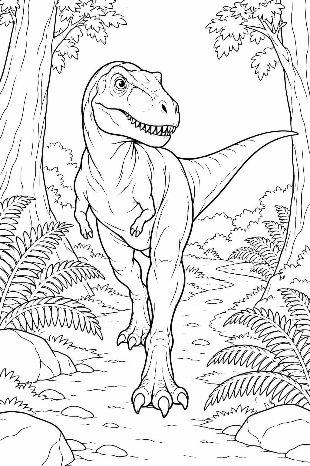 Tiranossauro rex explorando a floresta para colorir para colorir