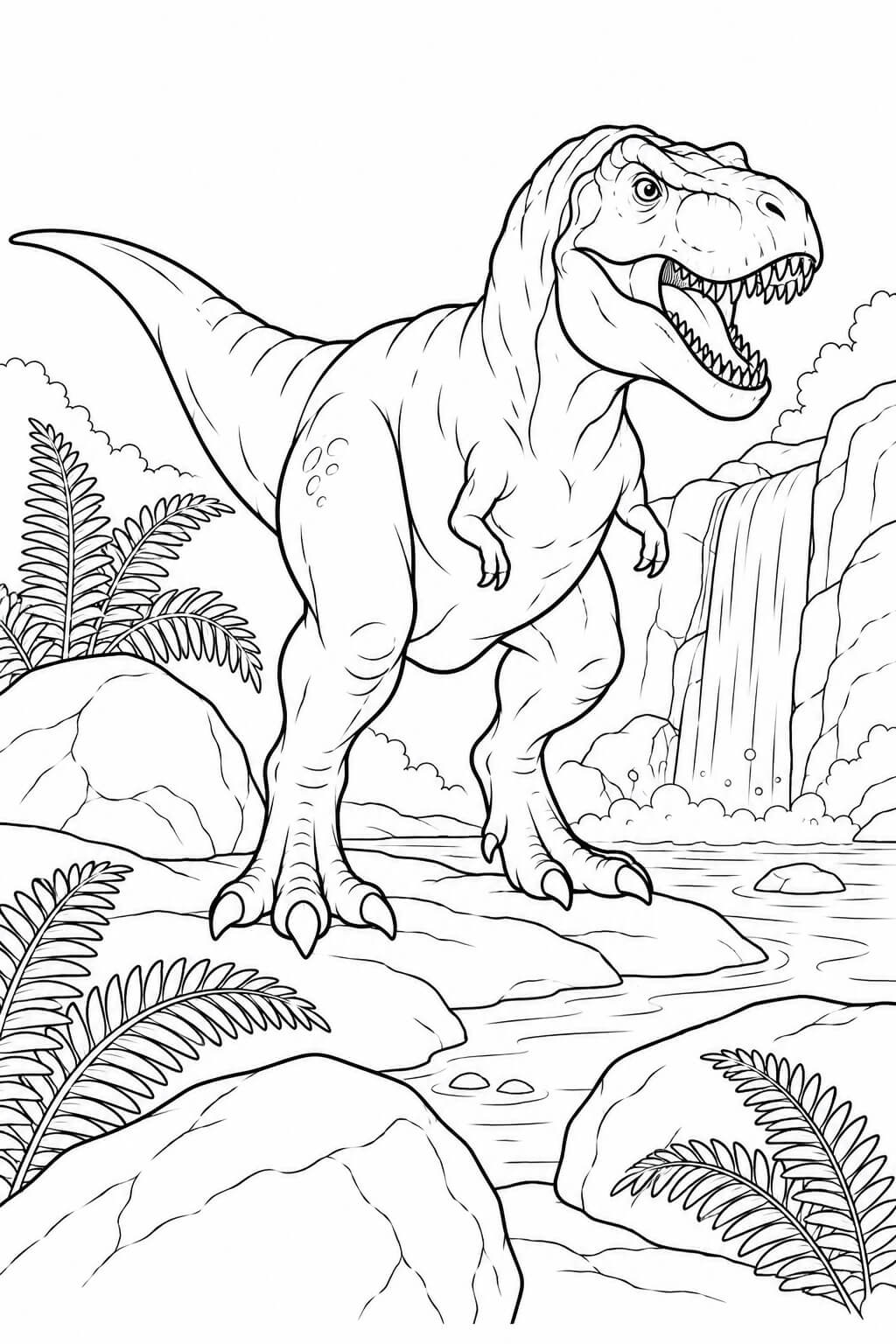 Tiranossauro rex na cachoeira para colorir para colorir