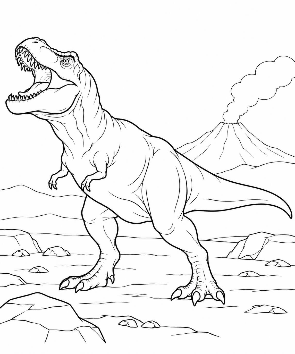 Tiranossauro rex perto do vulcao para colorir para colorir
