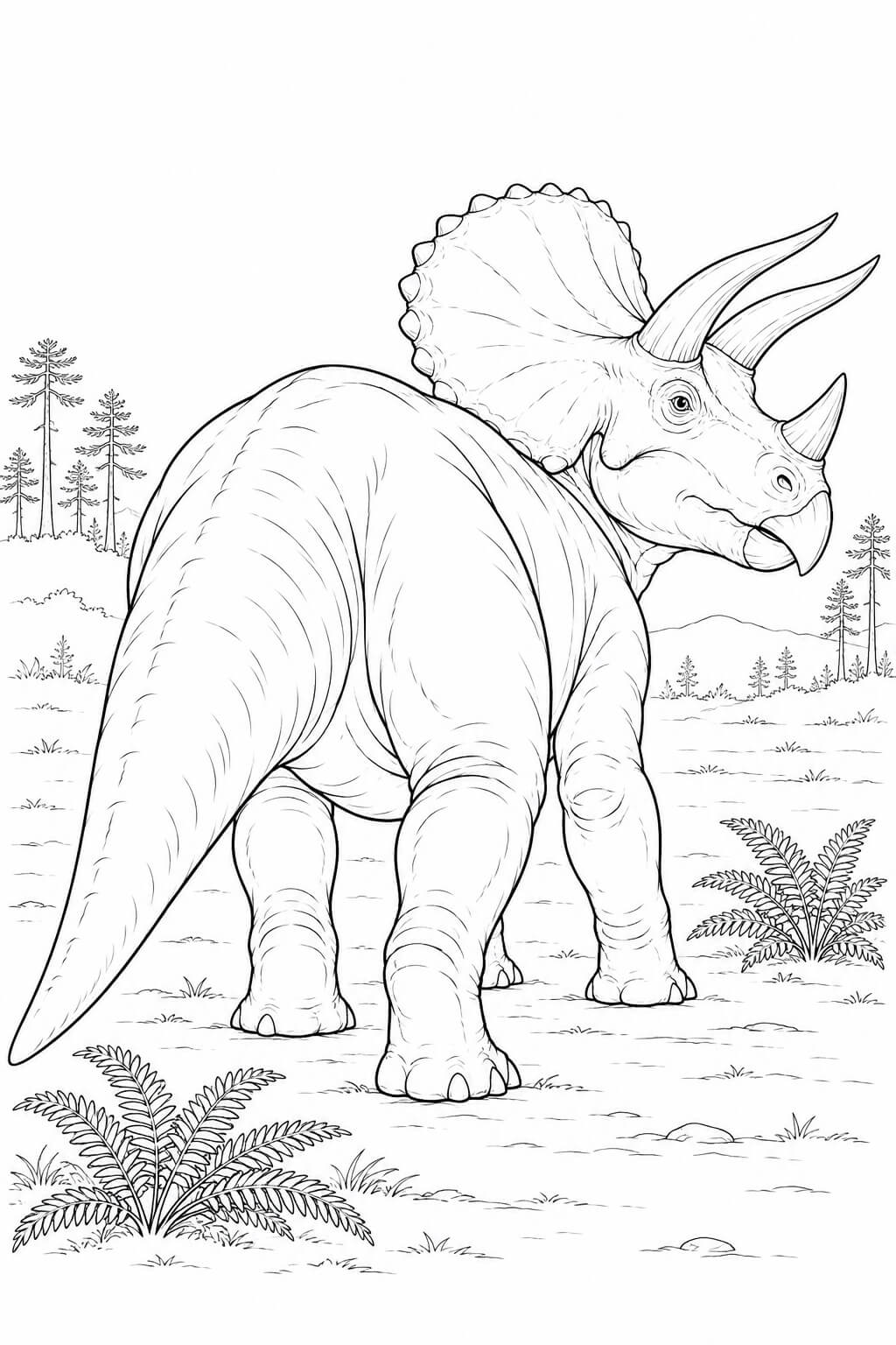 Triceratops realista na clareira para colorir para colorir