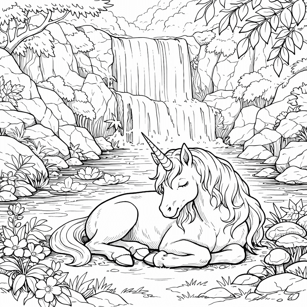 Unicornio na cachoeira para colorir para colorir